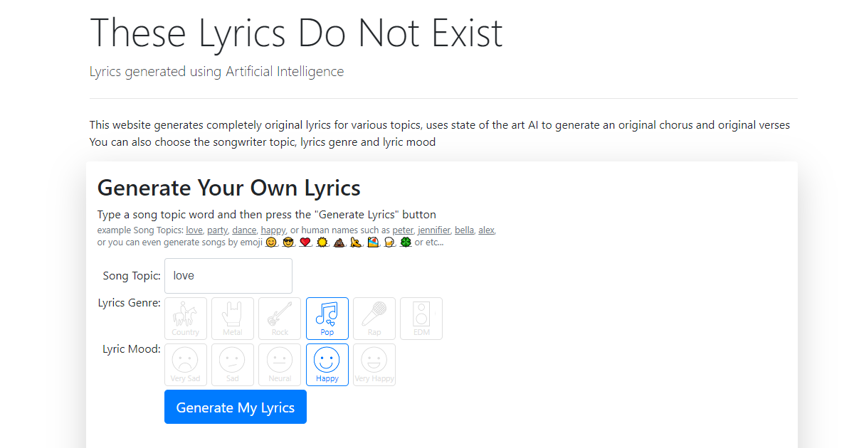 Artificial Intelligence Songwriter – These Lyrics Do Not Exist
